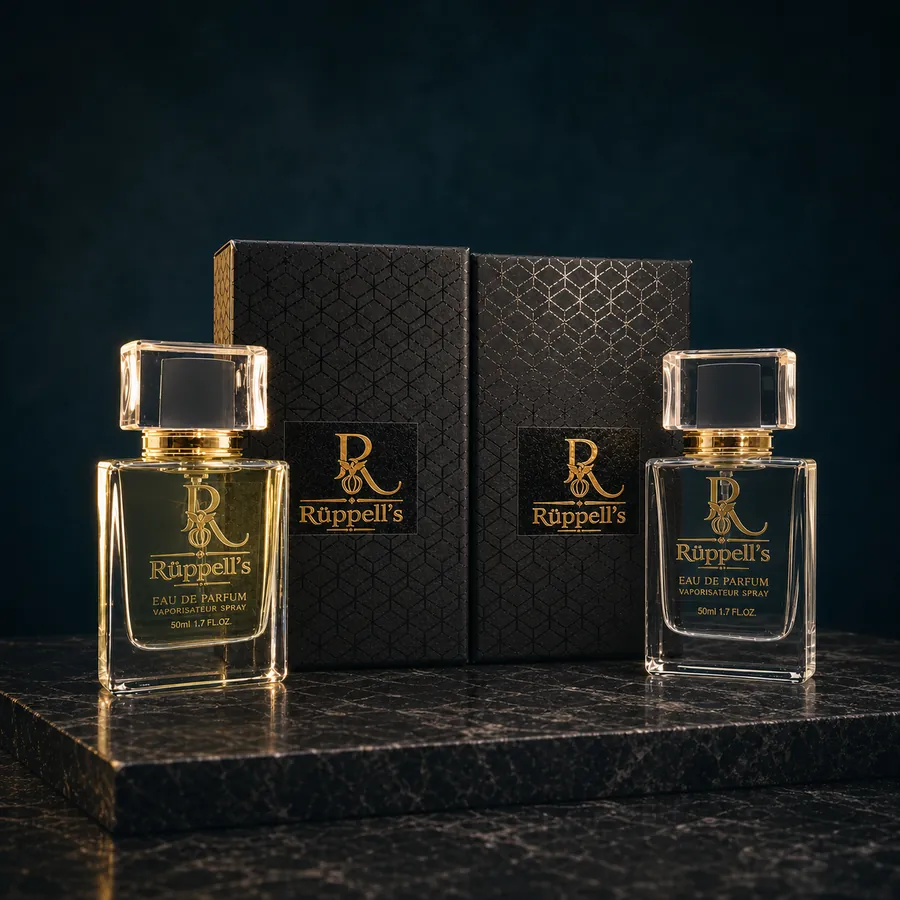 R&uuml;ppell's signature perfume bottles with black and gold packaging